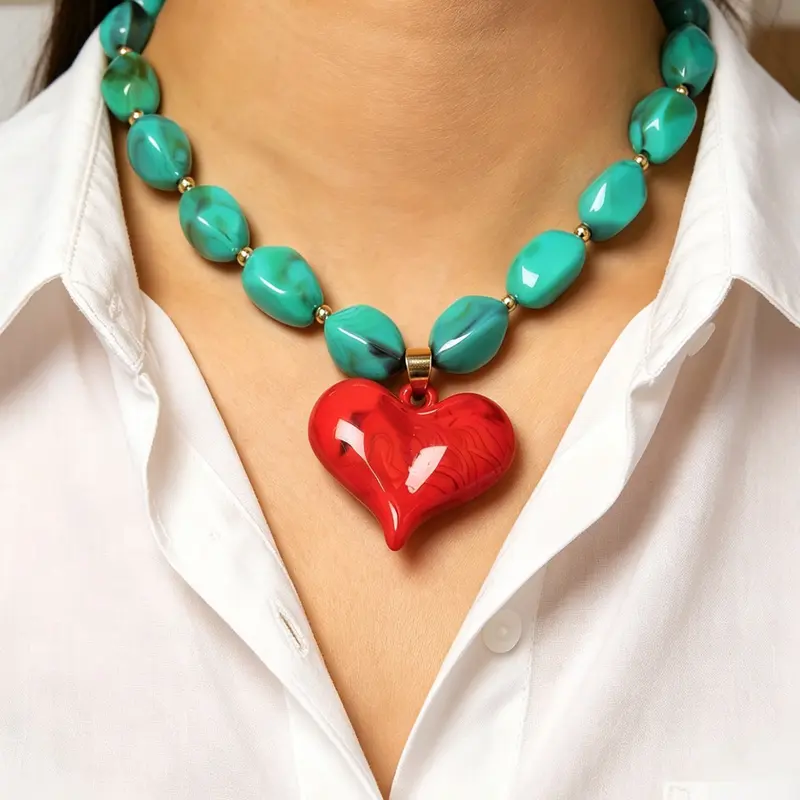 Boho Ethnic Style Irregular Beaded Pendant Costume Jewelry Necklace, Fake Turquoise Heart Charm, Women's Fashion Jewelry for Parties and Events, Boho Necklaces