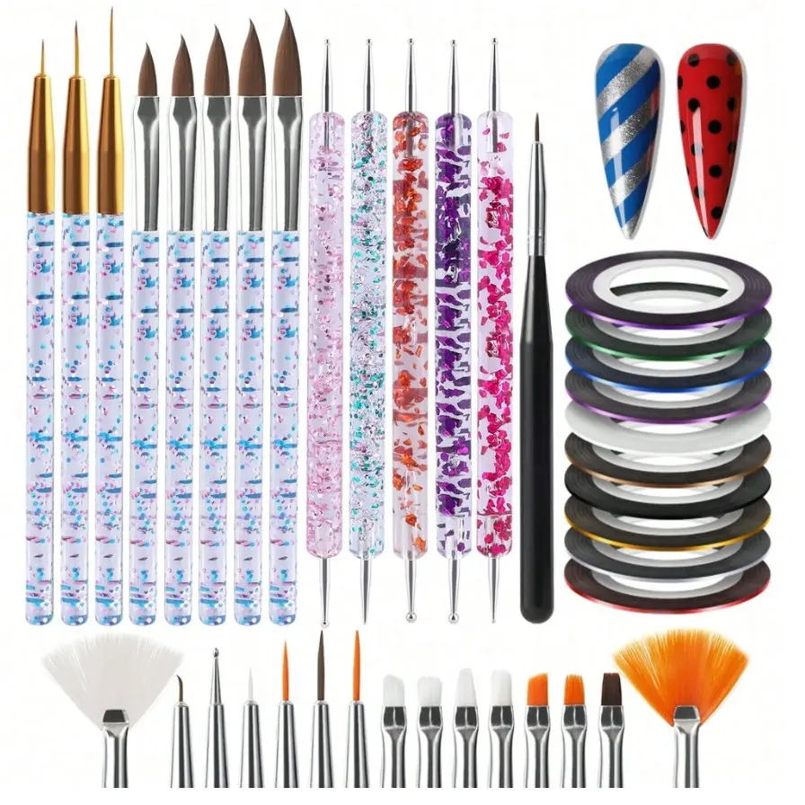 Landot 31pcs Nail Art Tool Kit, Includes Nail Brushes, Dotting Tools, Dust Brush, Striping Brush, Drawing Pens, Ideal for Nail Art Design