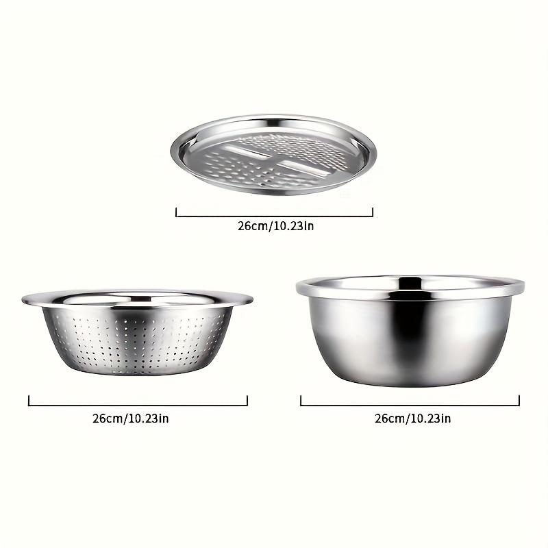 3 Piece Stainless Steel Kitchen Set with Integrated Grinder Multifunctional Strainer and Mixing Bowl Perfect for Cleaning Slicing Vegetables Fruits Cheese Safe Food Grade Design with Drainage System Ideal for Home Cooking and Kitchen Use
