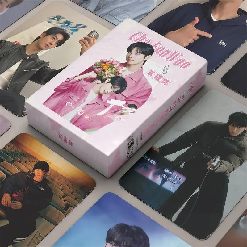 50Pcs/Set 86x57mm Paper Korean Star Cha EunWoo Laser Lomo Mini Postcards, HD Photocards for Fans Collection (Home Decor Accessory), Laser Print