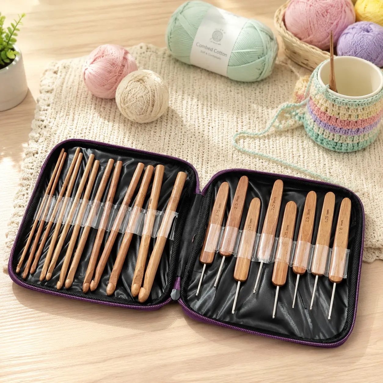20pcs Bamboo Crochet Hook Set, Wooden Knitting Needles 1.0-6.0mm, Ergonomic Handle, Yarn Weaving Tools Kit, DIY Craft Beginner Supplies, Amigurumi Crochet