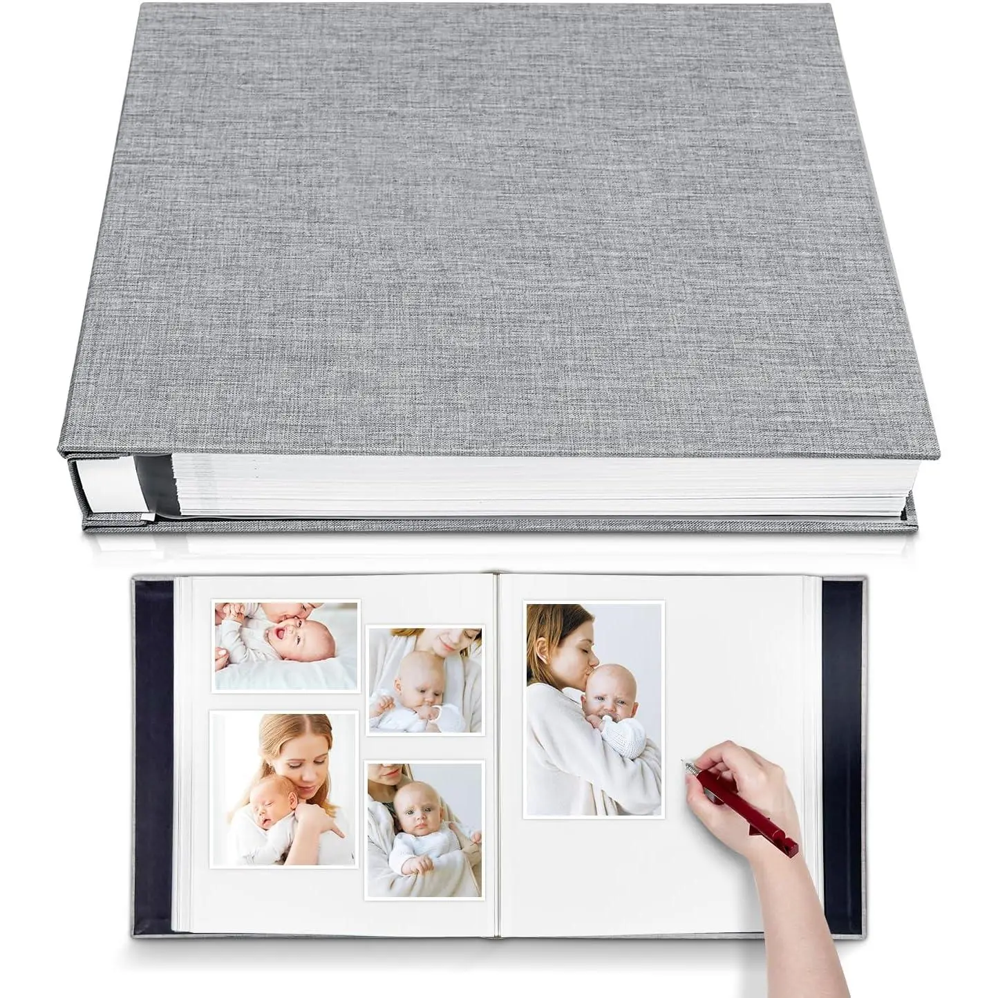 Large Photo Album Self Adhesive for 4x6 5x7 8x10 Pictures Magnetic Scrapbook Album 20 Sheets / 40 Pages Linen Cover DIY Photo Album with A Metallic Pen and and Plastic Board(Grey)