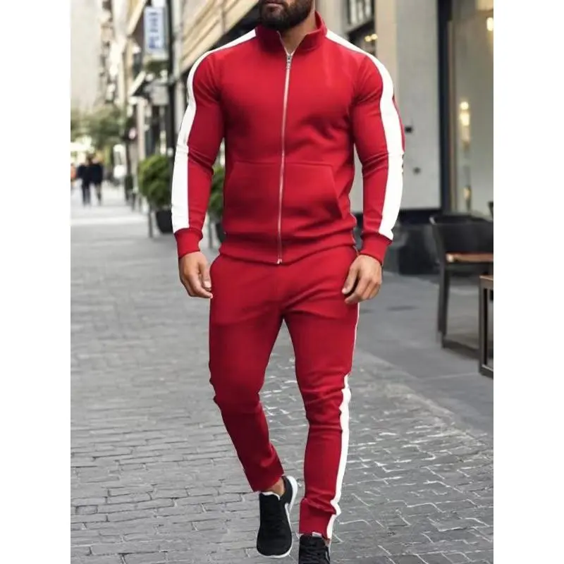Men's Contrast Tracksuit Set - Zip - Up Jacket with Pockets, Jogger Pants, Ribbed Cuffs, Athletic Fit. Perfect for Transitioning from Intense Gym Sessions to Casual Urban Adventures. Elevate Your Active Wardrobe with Bold Contrast & Functional Style