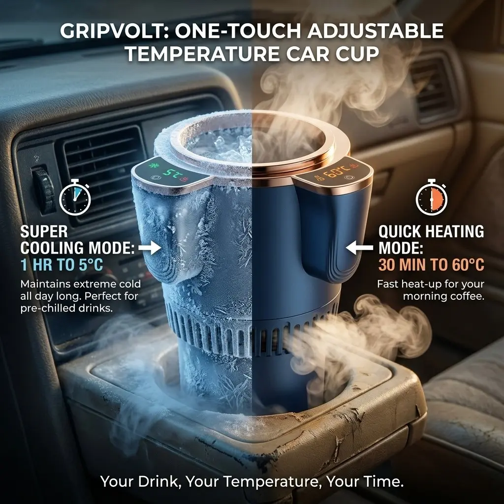 Gripvolt 12V drink chiller machine, Smart Car Cup Holder Cooler and Warmer, 12 oz Beverage Heating & Cooling Mug with Touch Screen, Includes Aluminum Cup & Straw - Ideal for Road Trips, Commute, Coffee & Baby Milk