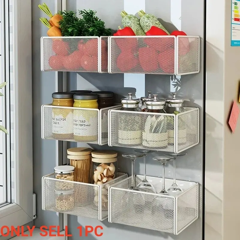 Refrigerator magnetic storage rack, made of carbon steel material, multifunctional creative storage basket, no punching required, kitchen seasoning bottle cling film storage artifact, Organiser