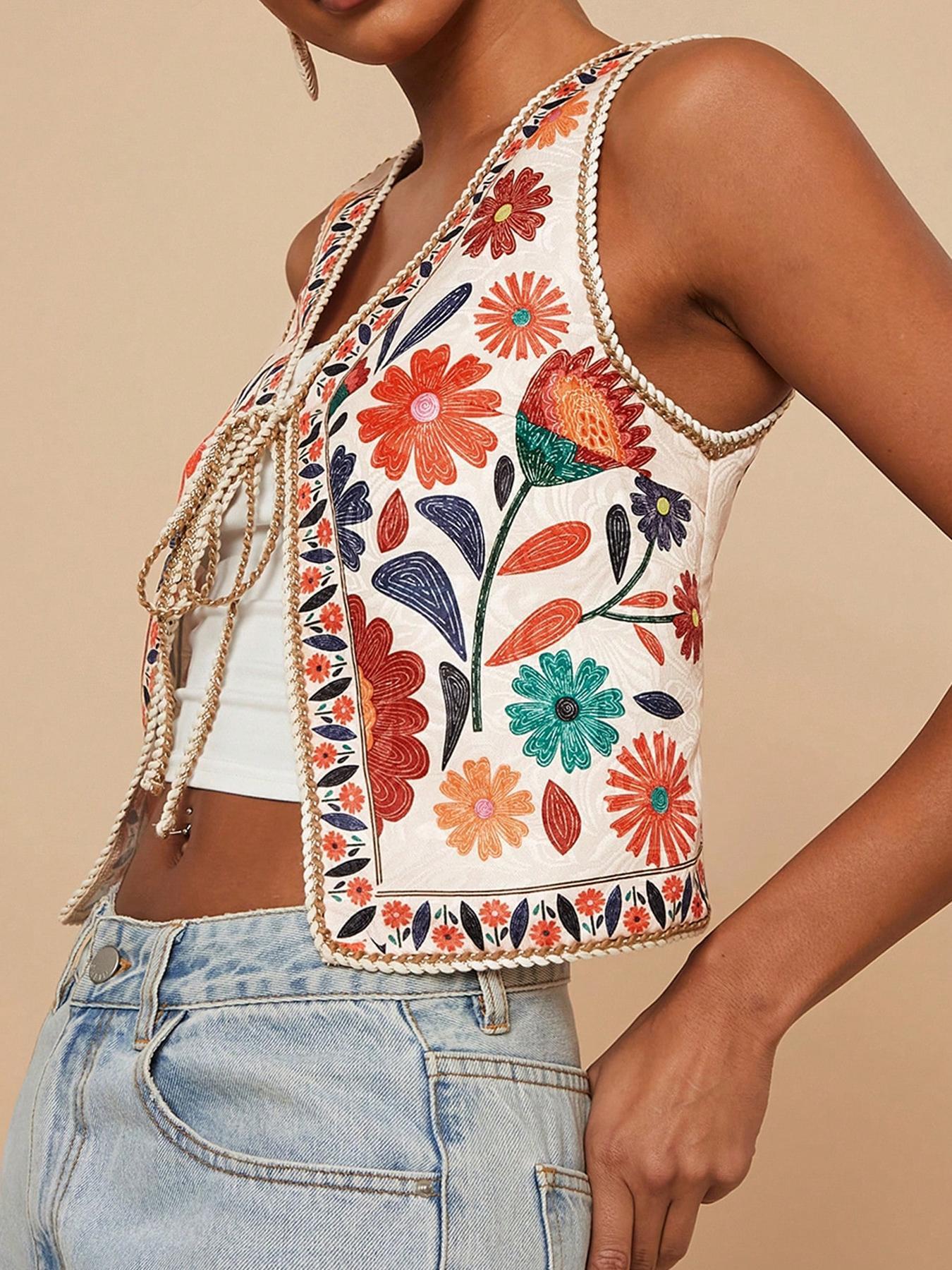 Women's Floral Print Tie Front Crop Tank Top, Boho Bohemian Sleeveless Top for Summer, Ladies Clothes for Beach Vacation