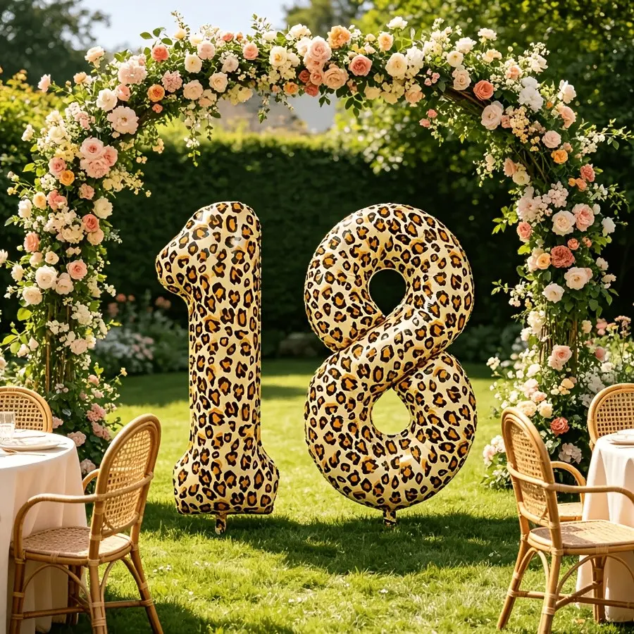 2 packs, 40 inches 1 and 8 leopard print pattern printed digital aluminum film balloons. Leopard theme birthday party decoration balloon set for 18-year-olds and 81-year-olds.