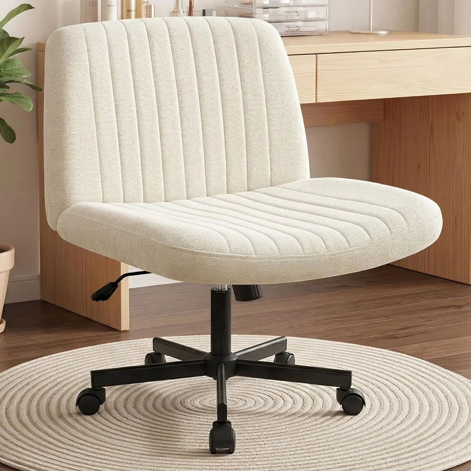 Criss Cross Chair - Ergonomic Office Chair with Wide Frame, Adjustable Height, Armless Comfy Fabric, Swivel Wheels, for Home Computer Task, Desk Vanity (Beige Wheels)