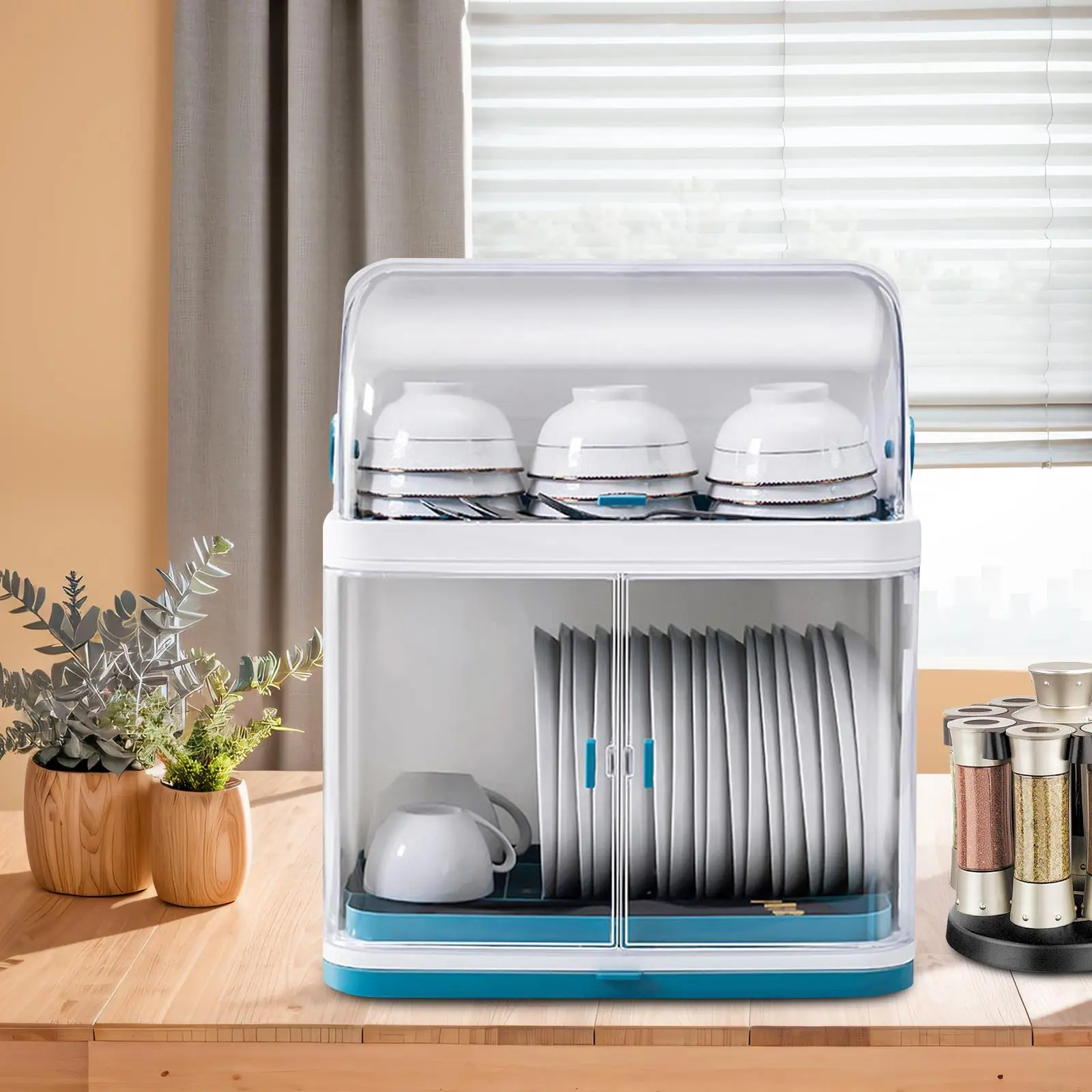 2-Layer Countertop Dish Drainer with Cover, Removable Drip Plate & Drain Bowl, Adjustable Removable Plates, Injection Molded, 14.96x9.84x17.72in, 2.3kg/5.07lbs, Blue White Home Organizer Storage Rack for Households & Small F&B Shops, 20Kg, 14.96*9.84*17.7