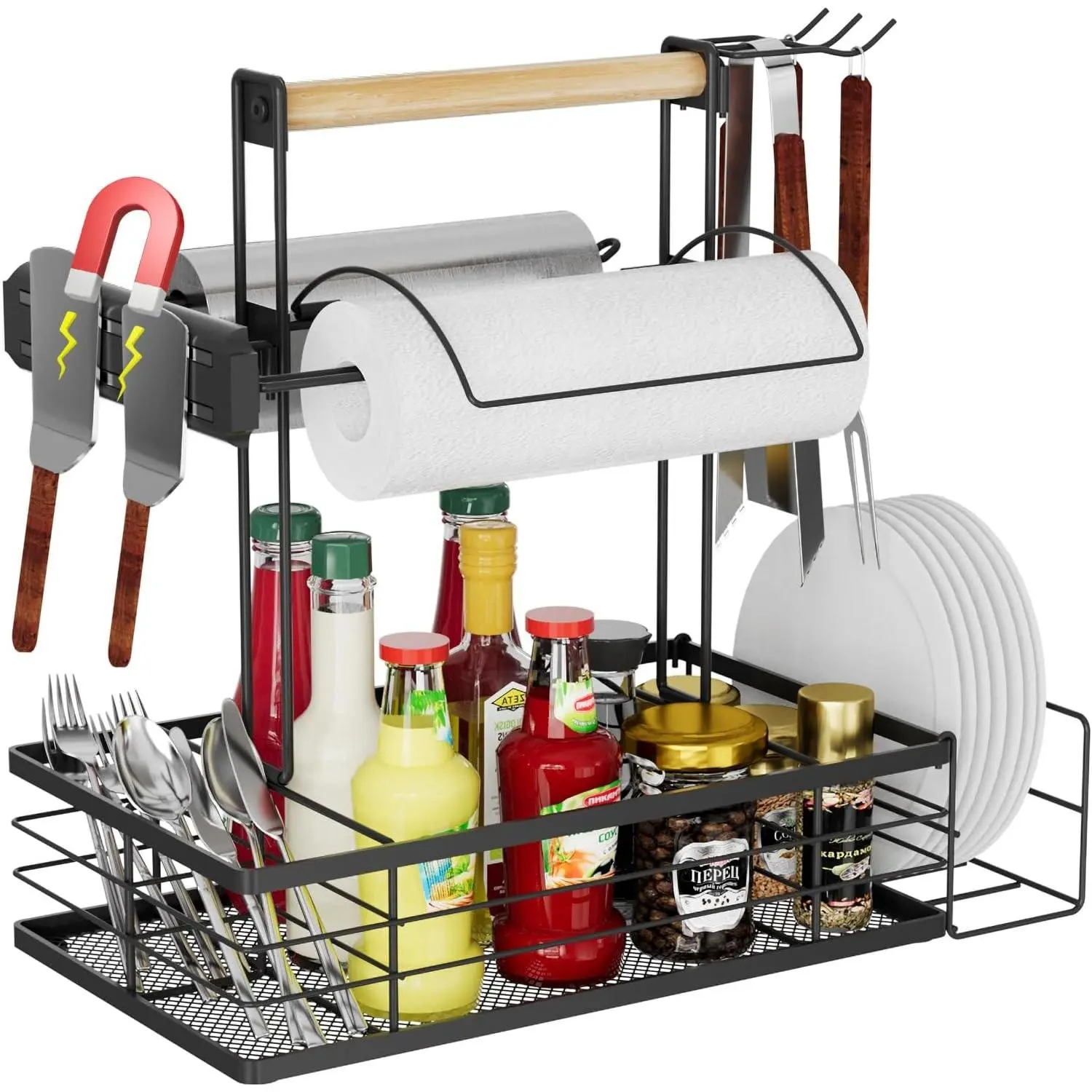Grill Caddy with Magnetic Tool & Paper Towel Holders, Picnic Utensil Condiment Caddy, Barbecue Grill Tool Organizer for Outdoor Camping, Cooking, Camper
