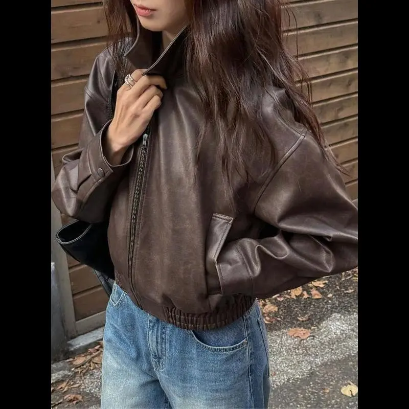 Women's Leather Jacket Short Style, Casual Patchwork Design, All Season Worn Fabric, Fitted Zipper Closure Outerwear