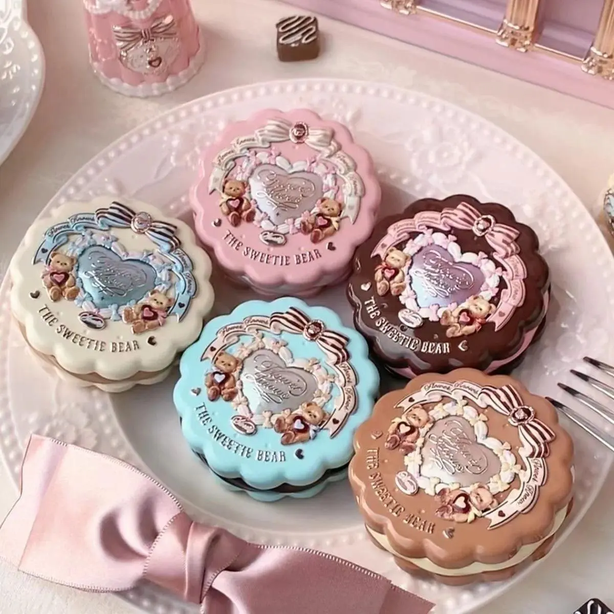 FLOWER KNOWS Sweetie Bear Collection Silk Satin Compact Blush Powder - Makeup for Cheeks Contour, Natural Matte Finish, Shades 03 Ballet Tutu, 04 Iris Garden, 05 Fairyland Reverie