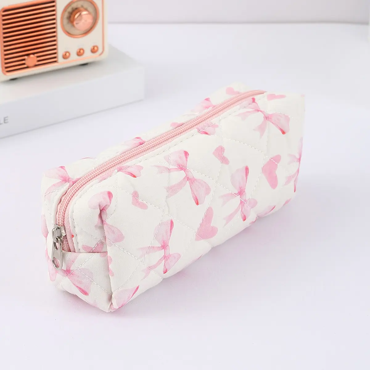 Quilted pencil case with bow print, floral pattern pen pouch, portable desktop organizer for students, pillow-shaped stationery storage bag, back-to-school gift, Office Supplies