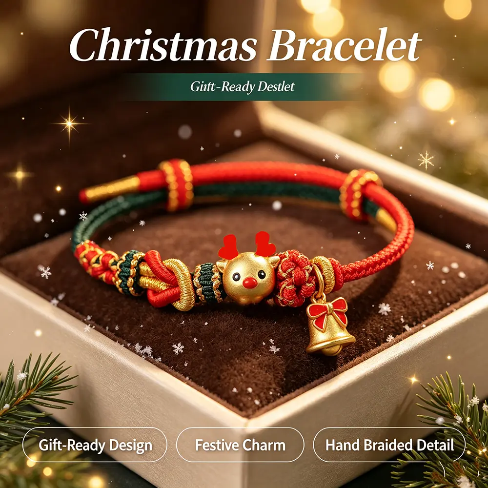 1PC Christmas Reindeer Bell Charm Bracelet Adjustable Red Green Braided Rope Holiday Jewelry Gift for Women