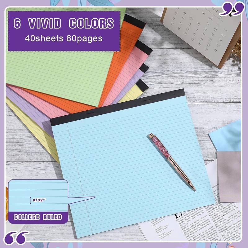 6 count 11" x 9.5" Legal Pads College Ruled Notepad Landscape Notebook Horizontal Lined Notebook 80 Gsm Assorted Colors Paper Pastel Writing Pads for School Office, 40 Sheet (Bright Color)