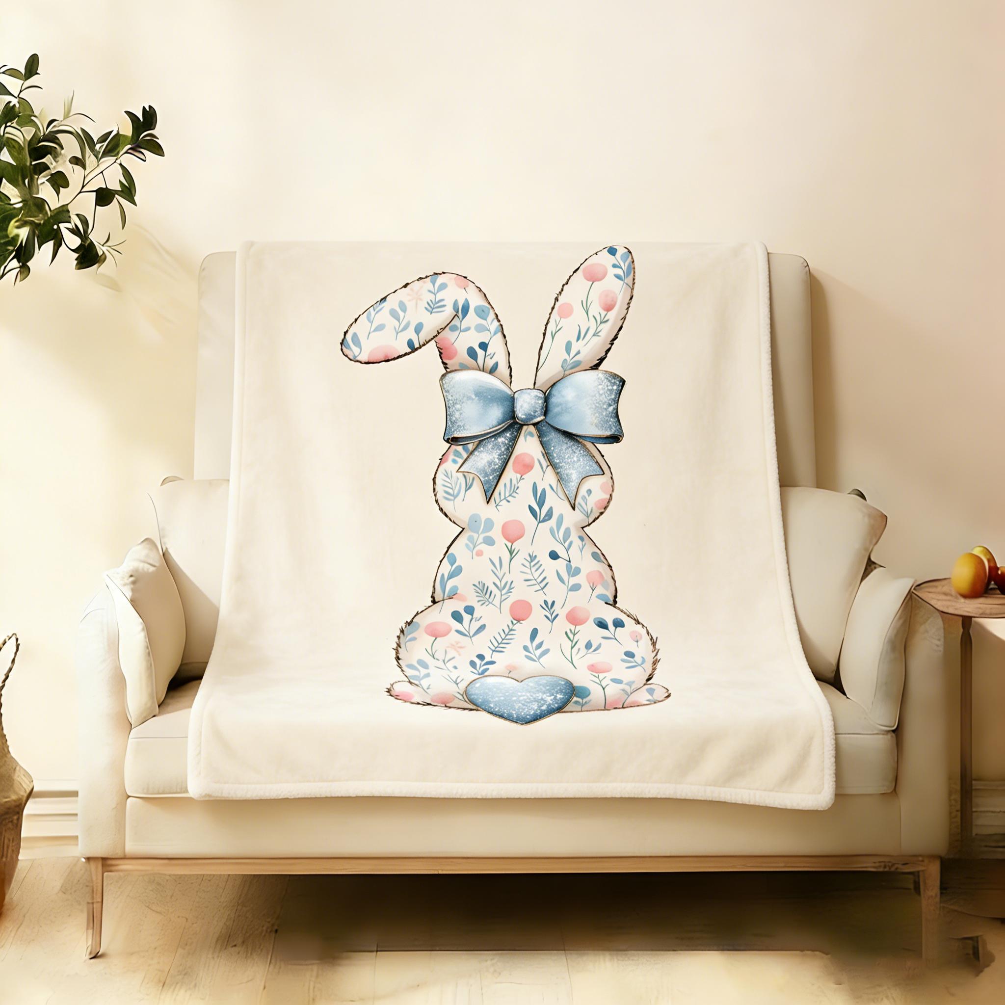 2026 New Flannel cartoon style Easter Bunny Butt Blanket with Blue Bow, Aesthetic Floral Rabbit Flannel Blanket, Warm Cozy Home Decor for Spring Applies to Super soft  decorative sofa/sofa/bedroom