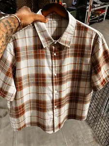 American Vintage Checked Plaid 07 Digital Print Short Sleeve Blouse, Men's Loose Fit Collar Top, Streetwear Fashion Shirt