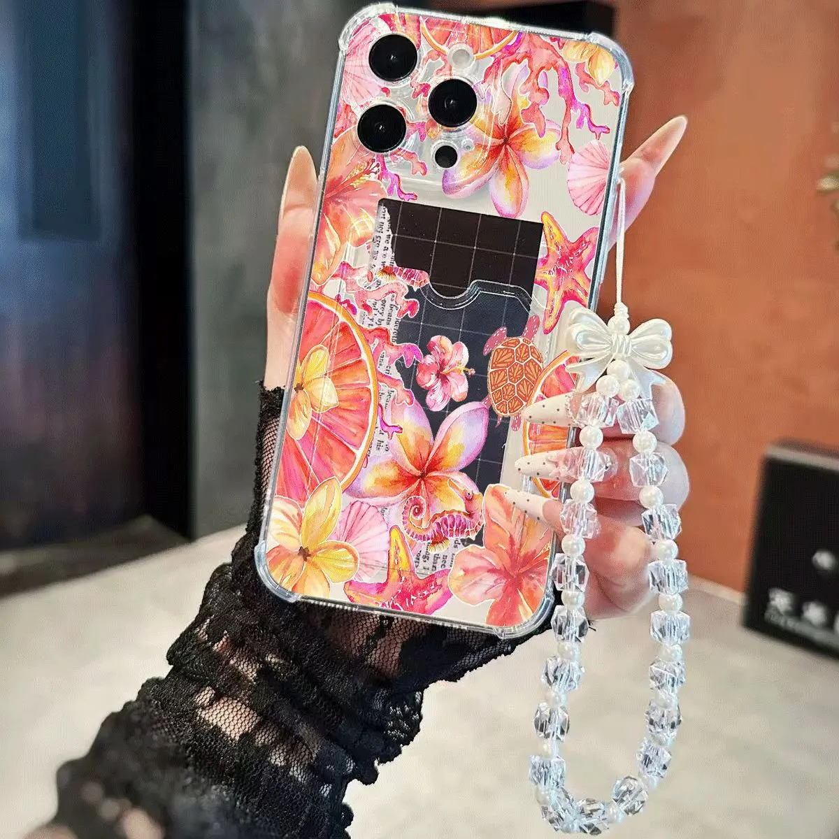 Tropical Floral Sea Life Phone Case Vibrant Watercolor Hibiscus Starfish Seahorse Shockproof Cover for iPhone11-17promax IPhone11/12/13/14/15/ Promax16/16Promax/16pro/16plus Card Slot Beaded Chain Multi-model Compatible