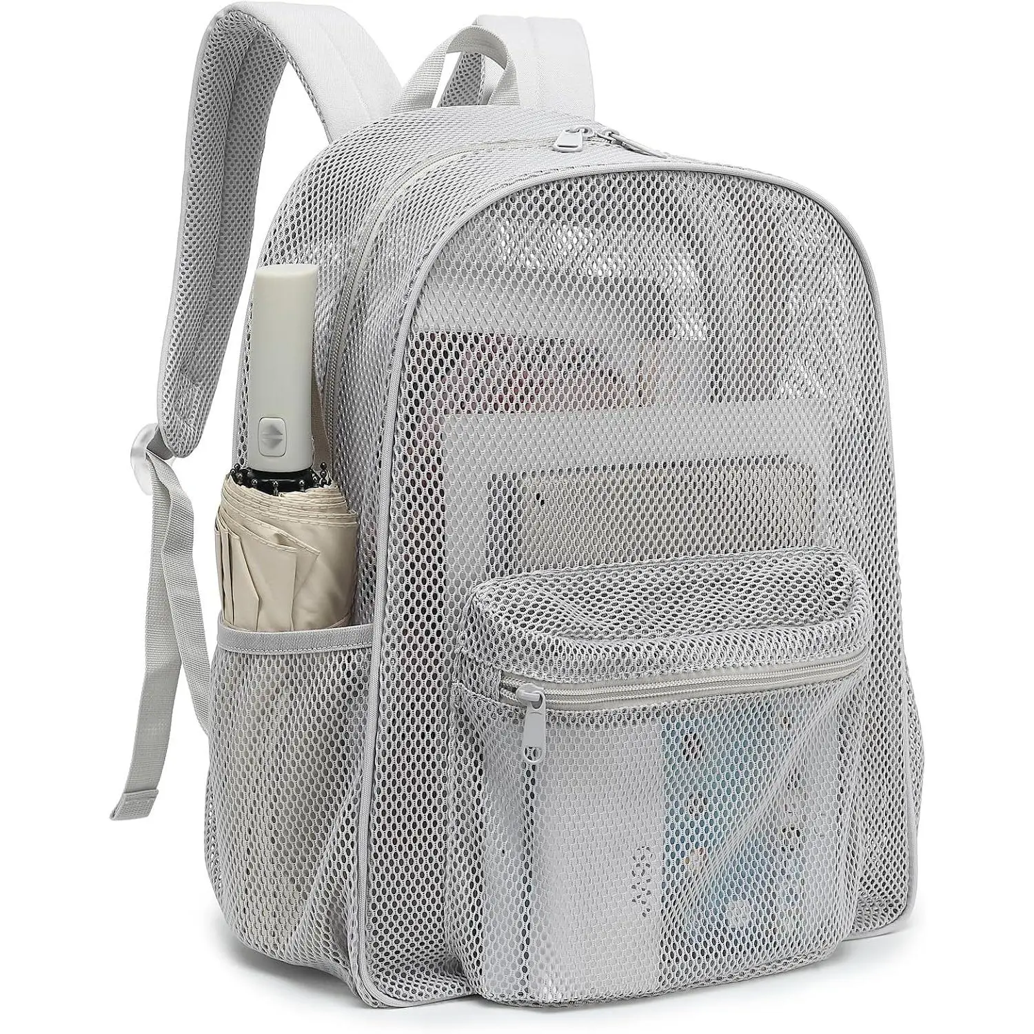 Heavy Duty Mesh Backpack, See Through Backpack for School Working Travel Beach (Grey)