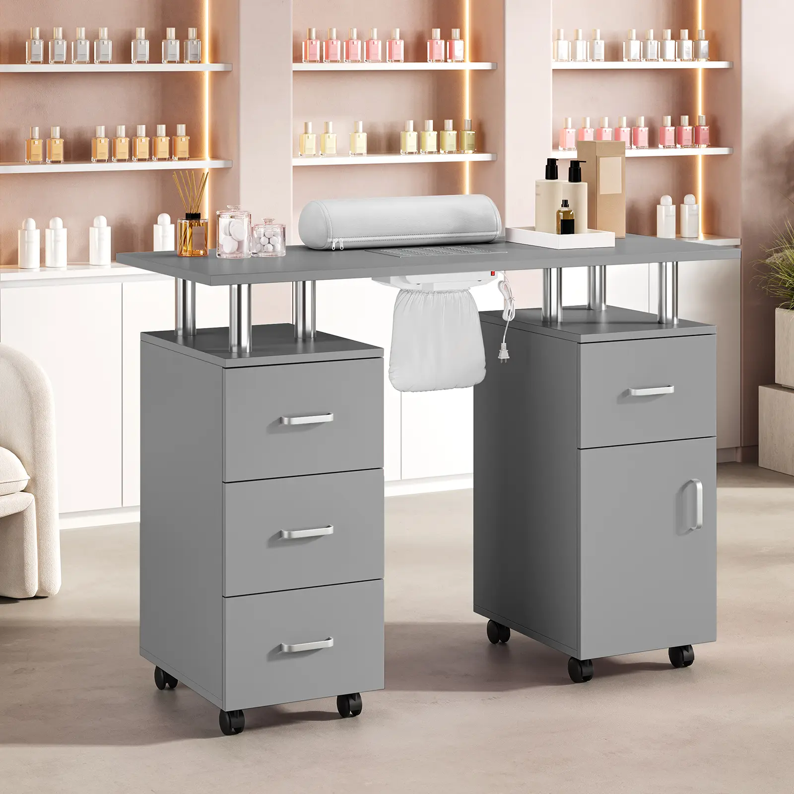 Manicure Nail Table with Electric Dust Collector - Professional Nail Tech Desk with 4 Drawers, Cabinet, Wrist Rest, Lockable Wheels for Beauty Salon Spa