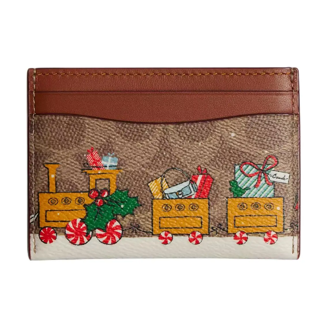 COACH Holiday Shine 11 Cardholder for Women – Carriage Holiday Train Pattern Coated Canvas in Tan and Caramel