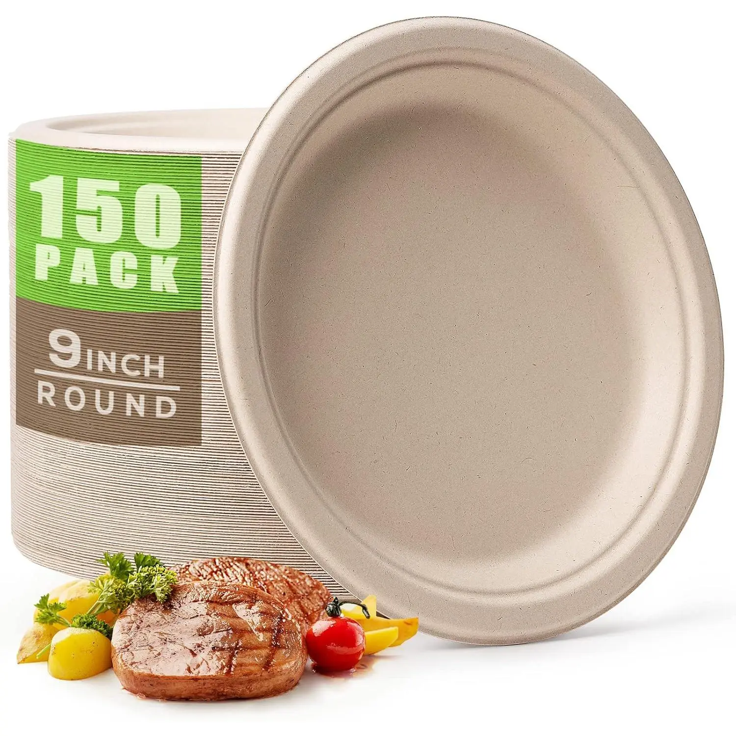 150 count Compostable Paper Plates 9 Inch Disposable Plates Unbleached Heavy Duty  Sugarcane Fiber  Plate for Party Picnic