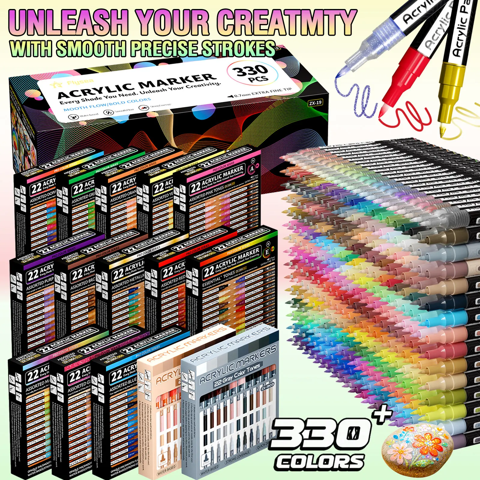 Flysea Acrylic Paint Marker Set, 330 Colors, 22 Colors Valve Direct Liquid Markers, Fine Tip 0.7mm, Quick Dry, Suitable for Various Surfaces