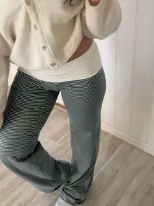Women's Striped Patchwork Flare Pants Low Waist Spring & Fall Casual Long Trousers, Comfortable Basic Bottoms for Daily Wear, Casual Fitted Trousers
