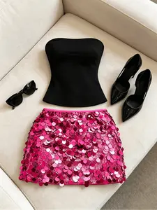 Solid Tube Top & Sequin Mini Skirt Set Short