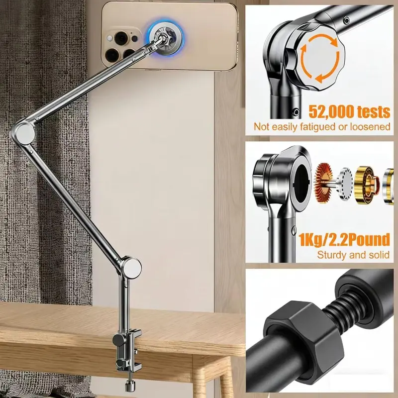 Phone Bedside Mount Magnetic Flexible Long Arm 360 Degree Adjustable Hands Free Multi Use Phone Stand, Multifunctional Phone Stand, for Bedside Desk Filming Video Live Streaming Home Office Dorm Use for Content Creators Studen, Magnetic Metal Mount