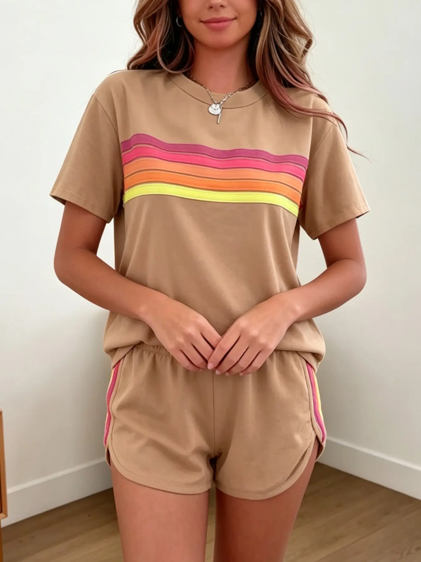 Ladies' fashion two-piece set, loose, Oversized and slimming rainbow stripe design, suitable for Casual daily wear indoors during vacation commuting Clothes