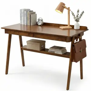 [Bellemave] Solid Wood Writing Desk, Home Office Desk for Small Spaces, Mid Century Modern Desks with 2 Drawers & Storage Shelf, Standing Desk with Side Hooks for Study, Bedroom, Office