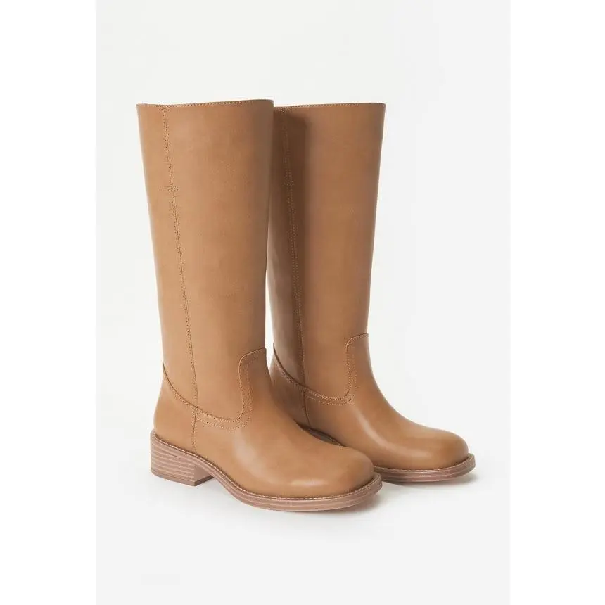 JUST FAB Women's Eco Leather Knee-High Cowboy Boots, Pull-On Square Toe, Block Heel Western Fashion Boots for Fall Banana Knee High Boots Square Toe Slip On Chunky Riding Boots for Women Low Heel Shoe Footwear Stylish Leather