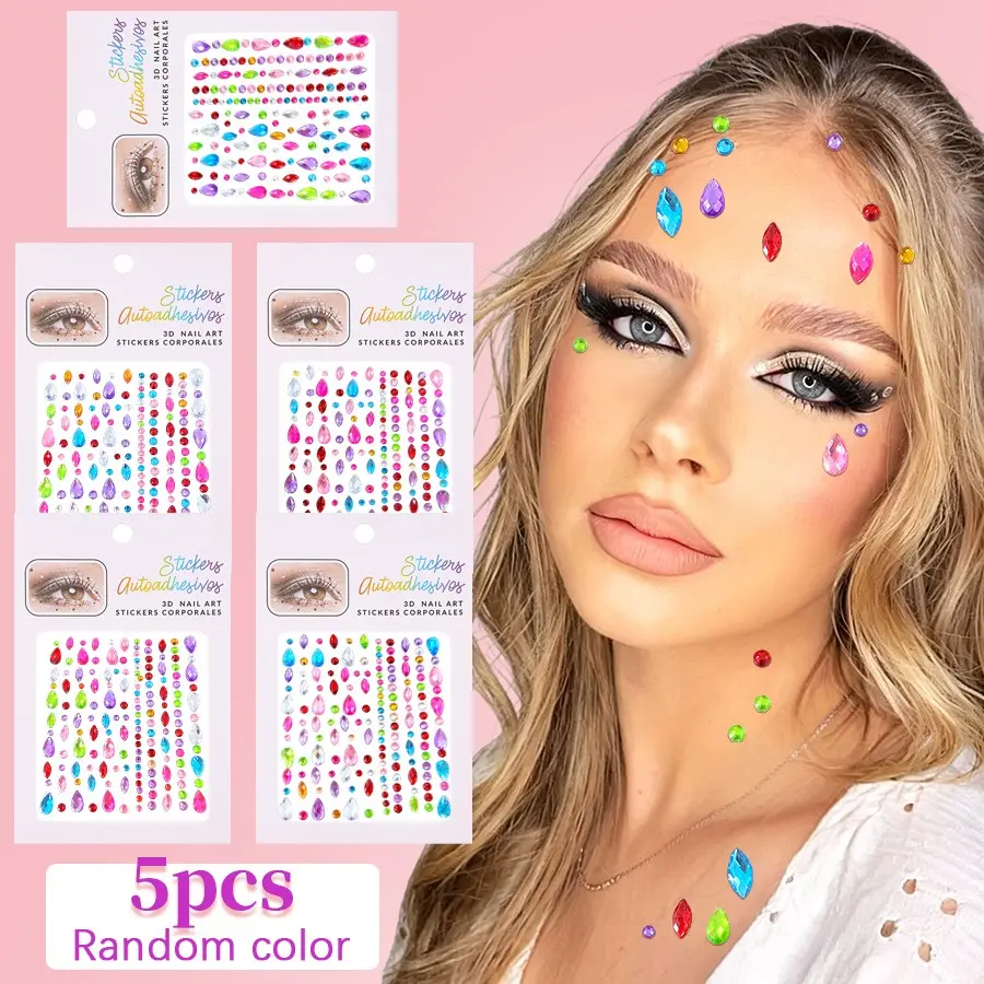 5Pcs Random Mixed Color Teardrop & Dot Face Rhinestone Stickers, Forehead Gem Decals for Music Festival & Rave, Sparkly Crystal Eye & Face Makeup Decor for Stage Party