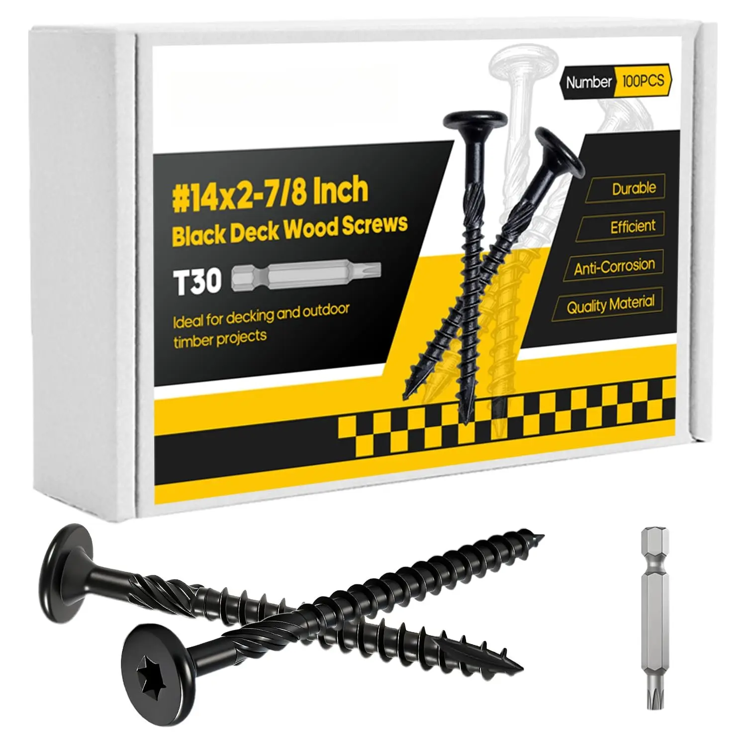 100 count #14 x 2-7/8" Lag Screws Black, Structural  Screws  Drive, Heavy-Duty Exterior Construction Screws for Timber, Landscaping & Framing, T30 Bit Included, Rust Resistant