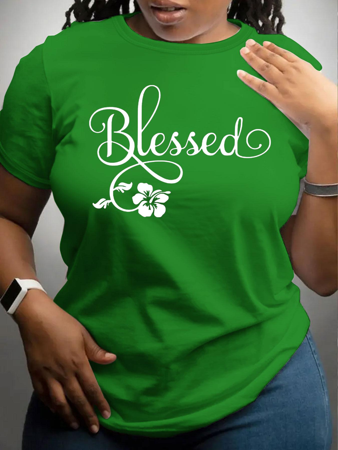 【Plus Size】 Letter & Flower Print Round Neck Tee, Casual Short Sleeve Crew Neck T-Shirt for Daily Wear, Women Plus Clothing for All Seasons