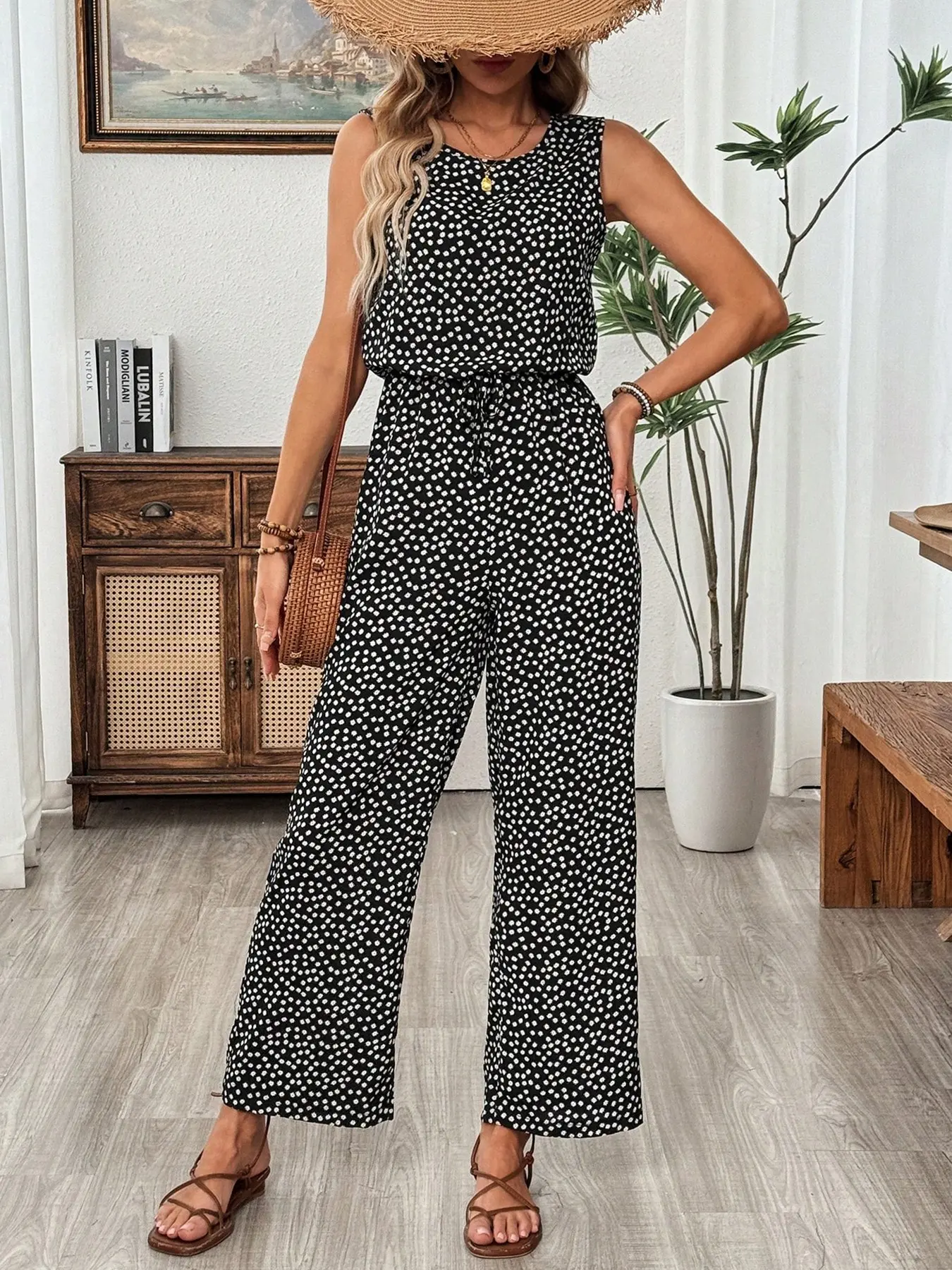 Women Sleeveless Round Neck Jumpsuit, Casual Summer Jumpsuits, Polka Dot Print Drawstring Waist Wide Leg Ankle Length Loose Fit For Daily Errands, Vacation & Beach Trips