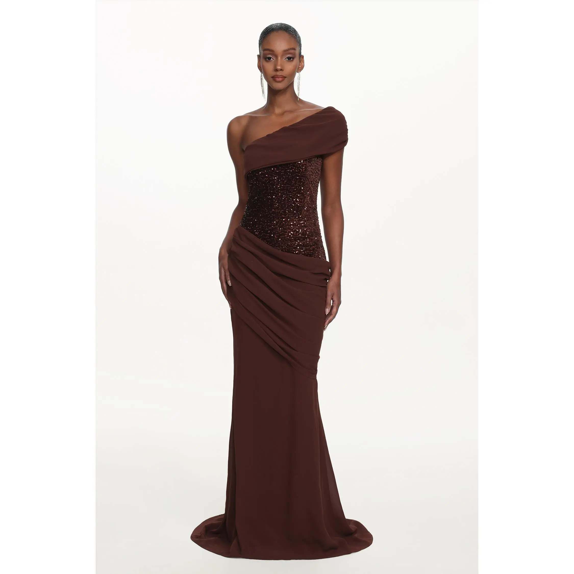 Bella Barnett Contoured Off-Shoulder Asymmetrical Ruched Sequin Formal Maxi Dress for Women, Stylish Garments with Flattering Fit