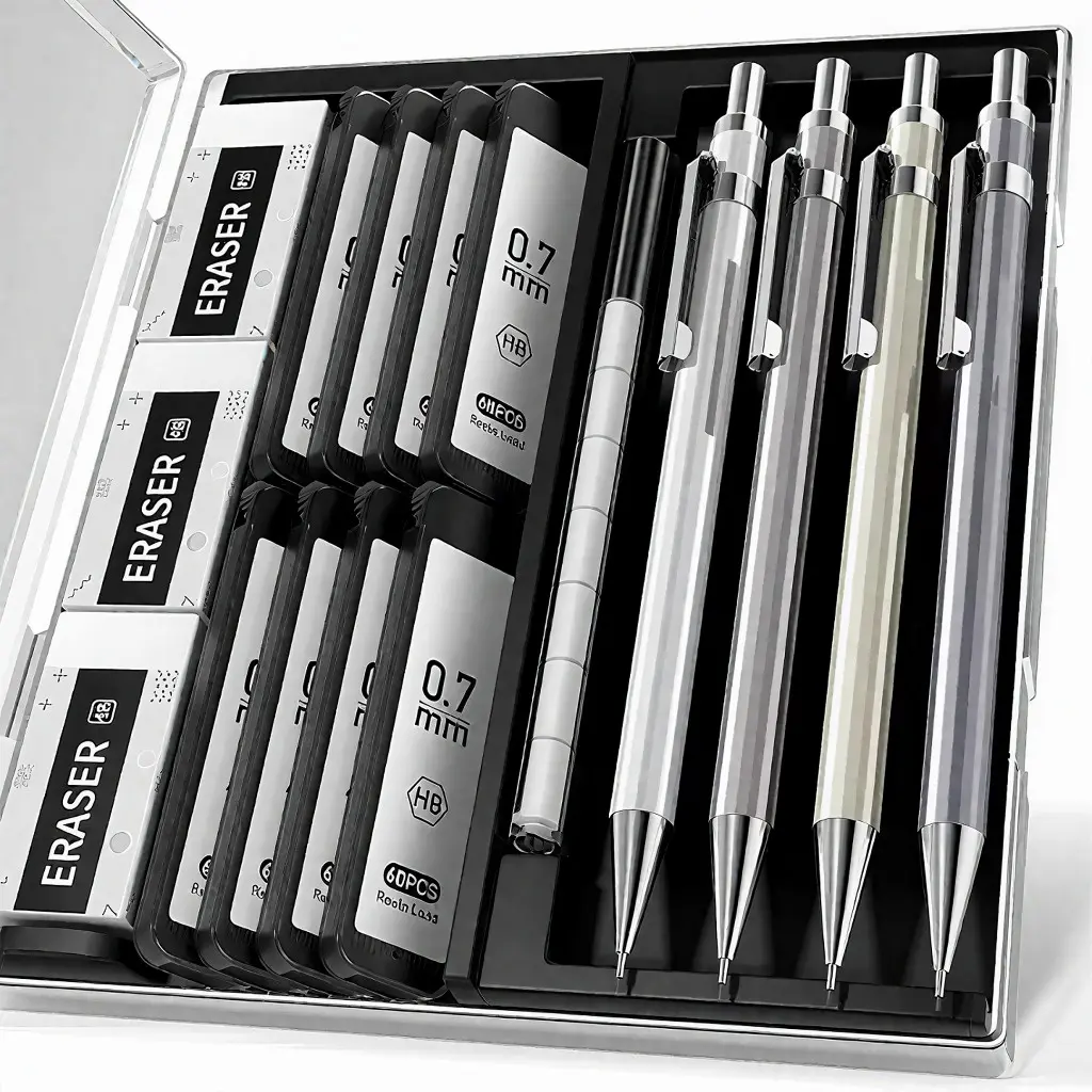 0.7mm Mechanical Pencil Set, Includes Eraser Pen, 4 Metal Pencils, 480 Hb Leads, 3 4b Erasers, 10 Drawing Erasers