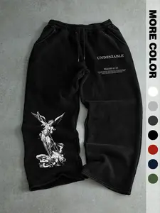 Men's Gothic Print Jogger Pants, Loose Straight Leg, All Season Casual Sports Pants, Drawstring Waist, Rolled Hem, Gym & Leisure Wear