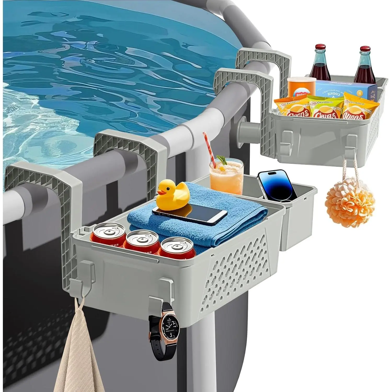 Poolside Storage Basket 2 Pack - Above Ground Pool Accessories, Swimming Pool Storage Baskets with Cup Holders,Fits 3" or Smaller Top Rails,Versatile Organizer for Pool Toys,Towels,Beverages (Grey)
