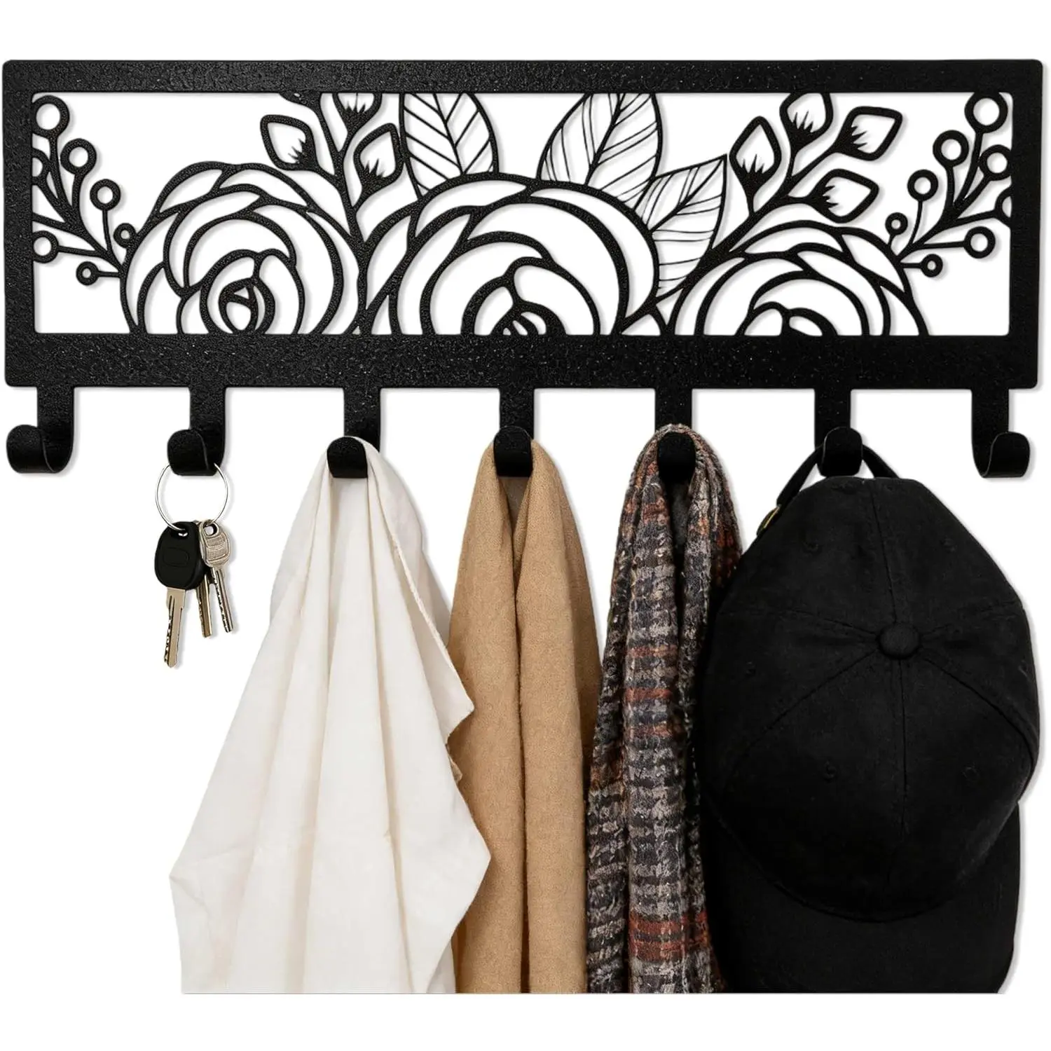 Black Metal Flower Wall Mount Rack with 7 Hooks, Decorative Wall Hanger for Coats, Jackets, Hats, Bags, , Metal Wall Organizer for Bedroom, Bathroom, Kitchen, Living Room, Office,