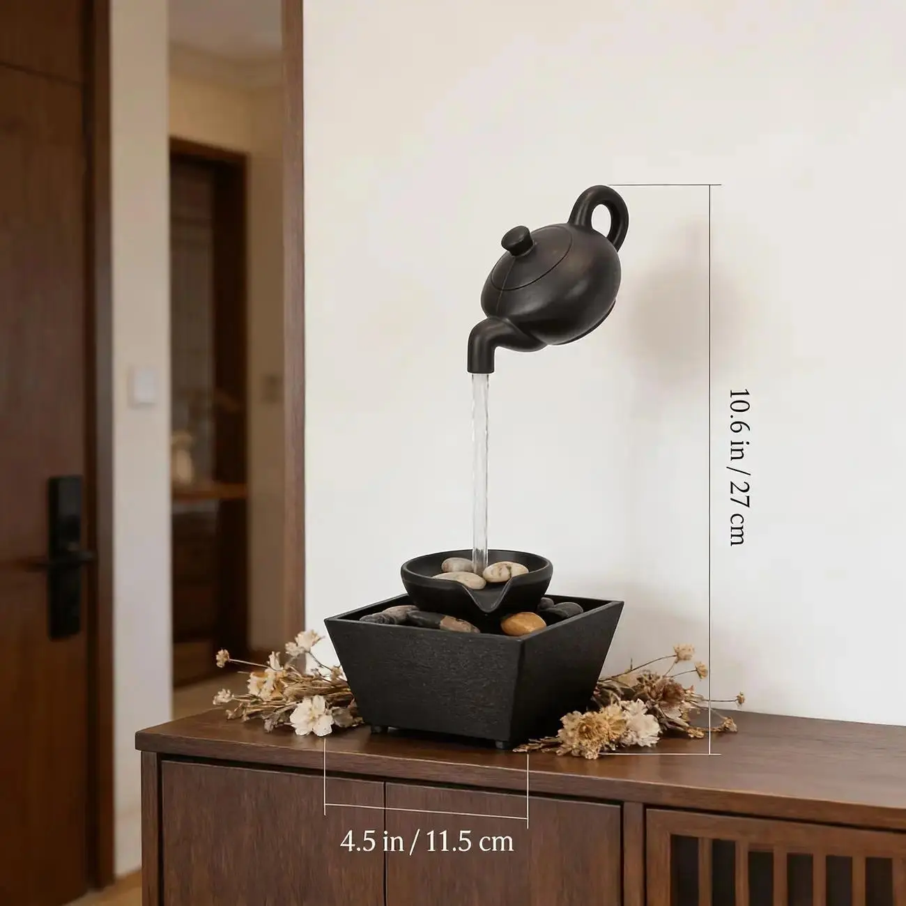 Floating Teapot Resin Lamp, Zen LED Waterfall Decor with Pebble Base, Relaxation Statue for Home, Office, Meditation Room & Gift