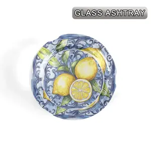 1Pc Round Glass Ashtray with 3 Cigarette Slots, Mediterranean Blue Tile Lemon Printed Decorative Cigarette Ash Tray, Anti-Slip Base Tabletop Ash Holder for Home Bar Patio Indoor Outdoor, Novelty Smokers Gift for Men & Women