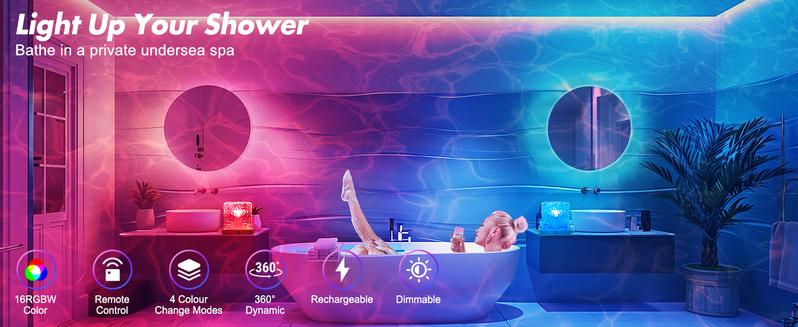 Rechargeable Shower Light No Wiring, 16 Color Changeable Ocean Wave Projector Light, Dimmable Waterproof Shower Lamp with Remote, Rotating Flame Water Ripple Lamp for Shower, Bathroom, Bedroom Decor