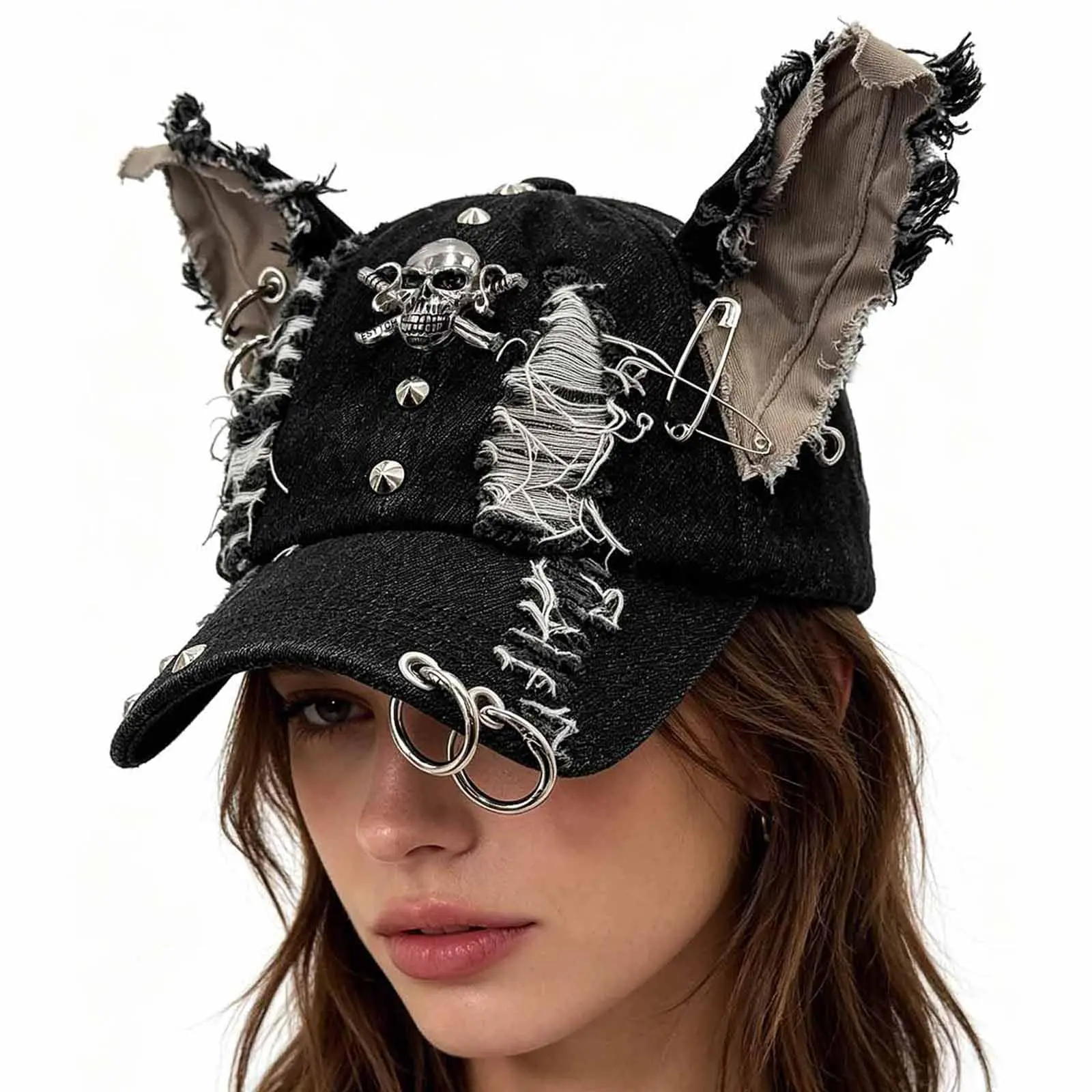 Y2K Punk Cat Ear Baseball Cap Iron Ring Trucker Hat For Women Men Bunny Ear Hat Distressed Denim Cap Grunge Aesthetic Hat