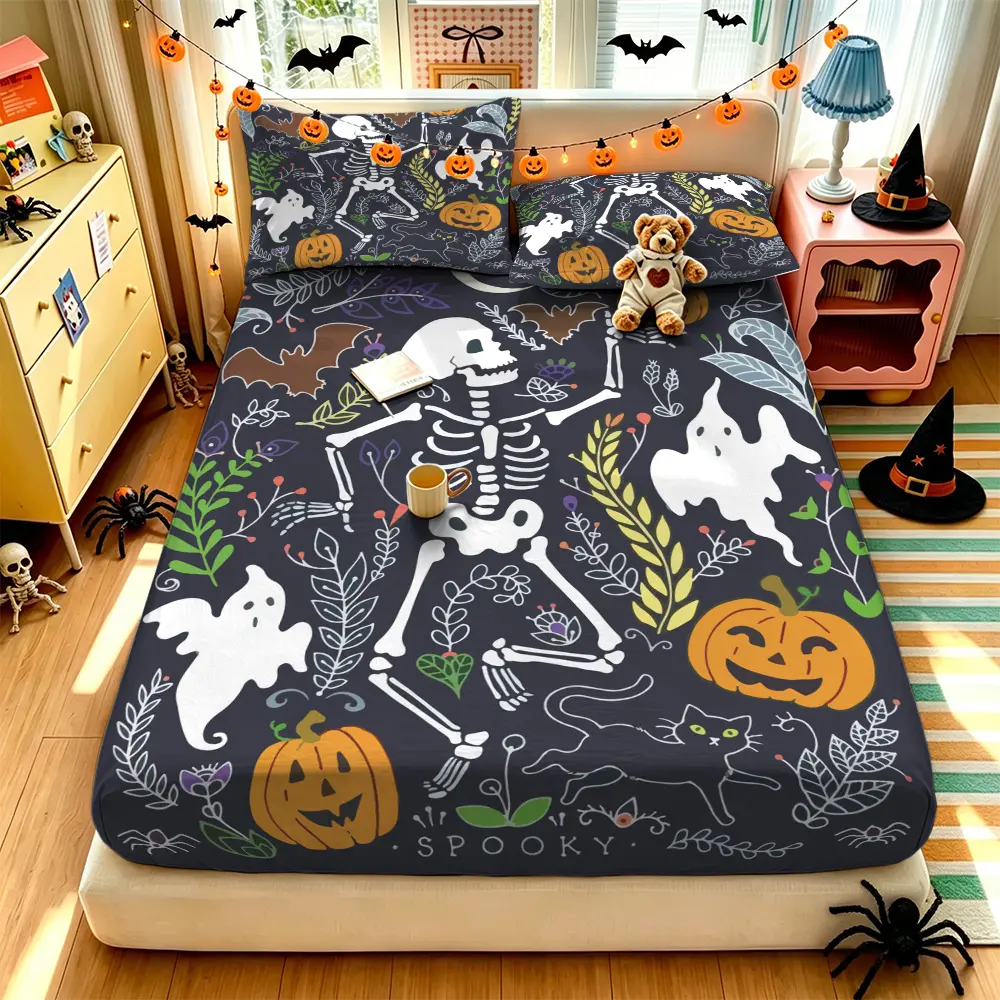 (1 fitted sheet + 2 pillowcases, no filler),Halloween Skeleton Ghost Pattern,Fitted Sheet 3-piece bedding set made of soft comfy polyester, machine washable without deformation, great bedding supplies for bedroom and dormitory use