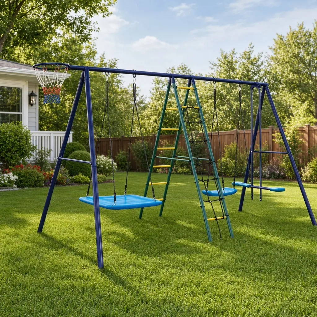 6-in-1 Kids Outdoor Play Set with Swing, Climbing Ladder, Net, Glider, Hammock, and Basketball Hoop – Heavy-Duty Steel A-Frame Backyard Playset