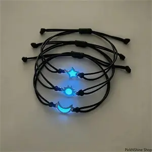 Unisex 3-Piece European-Style Night Glow Celestial Charm Bracelets & Bangles Set - Adjustable Woven Sun Moon Stars, Stacking-Friendly Matching Bracelets for Couples' Daily Costume Jewelry