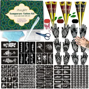 191 Pcs Temporary Tattoo Stencils Kit with 6 Tattoo Cones (2 Black, 2 Brown, 2 Dark Red), White Tattoo Outline Pen, Cotton Swabs & Towel| Perfect for Adults, Teens, Beginners, Family Fun & Parties